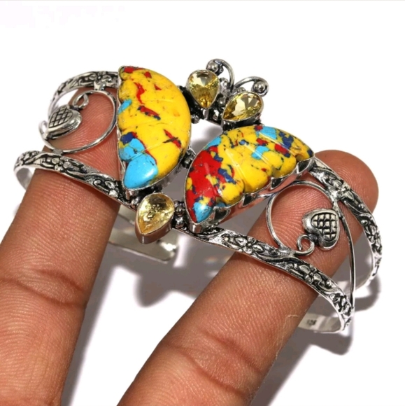 New Mosaic Jasper & Citrine 925 Silver Butterfly Adjustable Cuff Bracelet. - Picture 1 of 1
